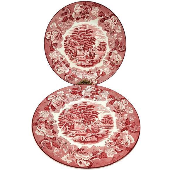 Enoch Wood's Wood & Sons Red Transferware Cottagecore‎ 2 Dinner Plates 1-3 - Picture 1 of 10